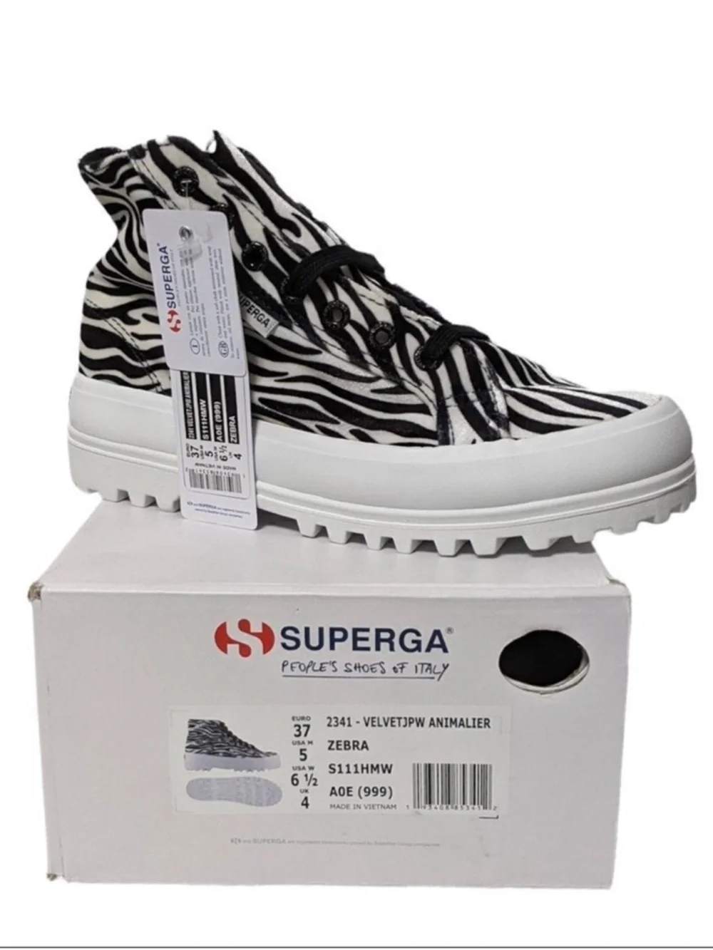 NWT SUPERGA White & Black Zebra Hi-Top Platform Sneakers